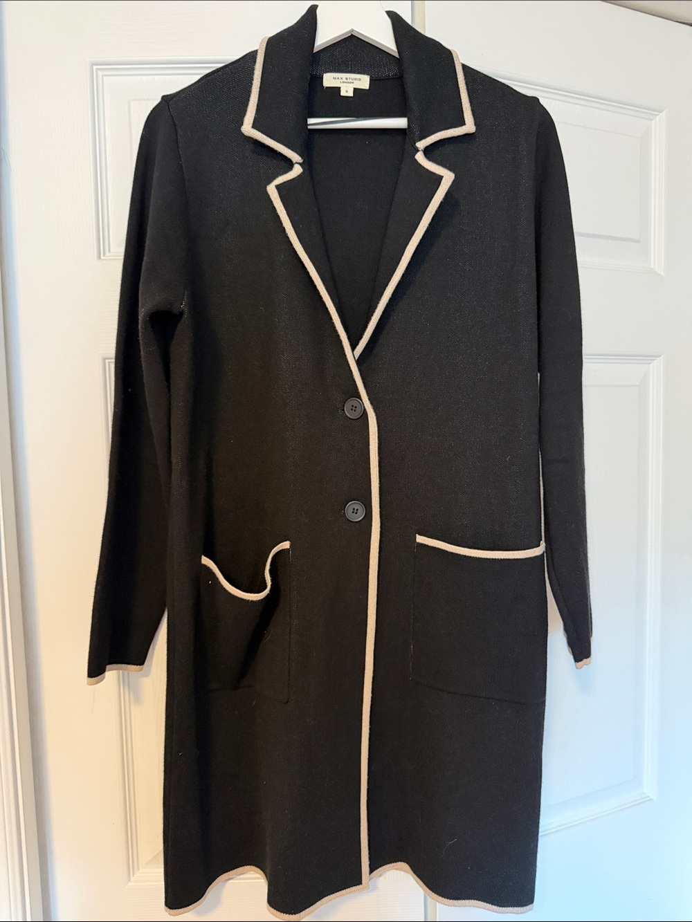 Max Studio Black Knit Long Coatigan with Cream Trim